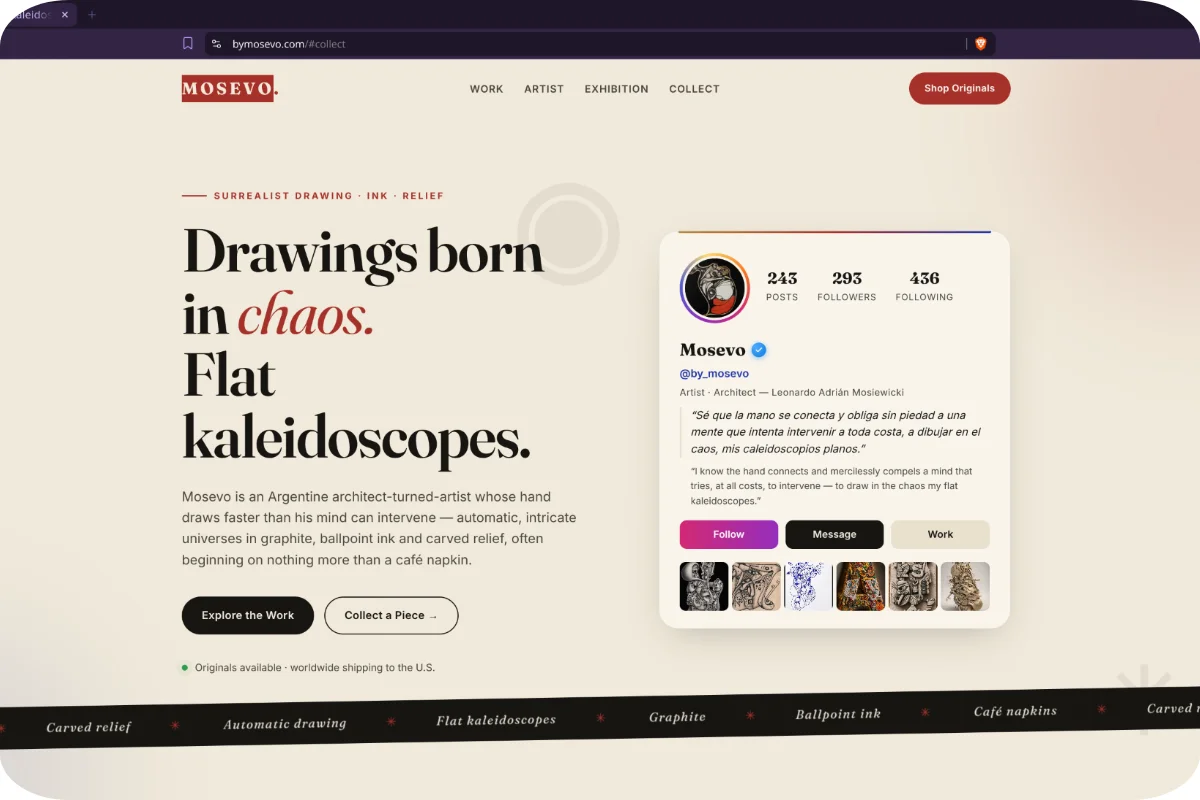 Sitio web del artista Mosevo, con su obra y perfil de Instagram integrado